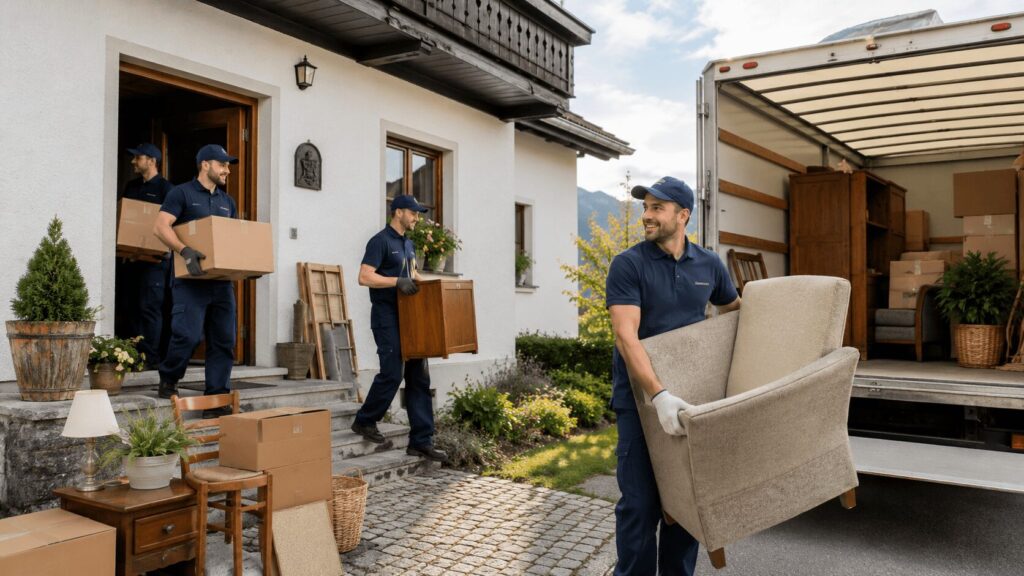 Möbel werden aus dem Haus getragen.
